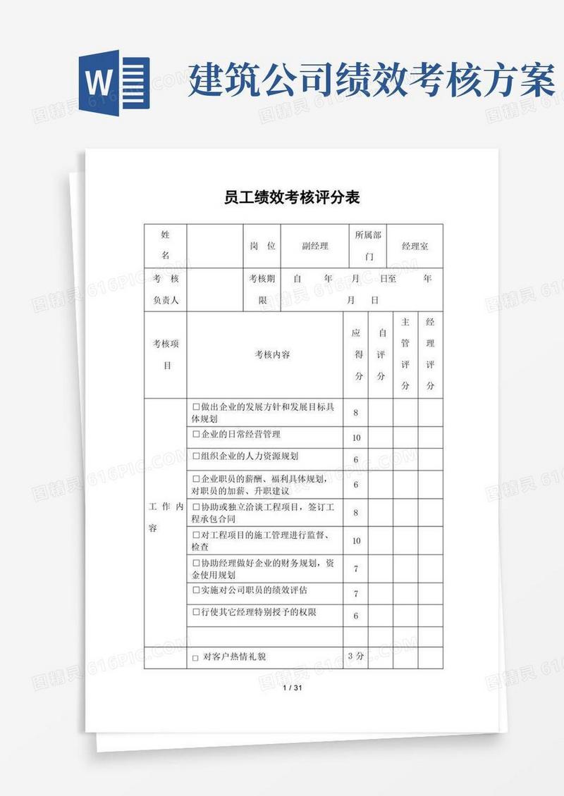 方便的建筑公司员工绩效考核评分表