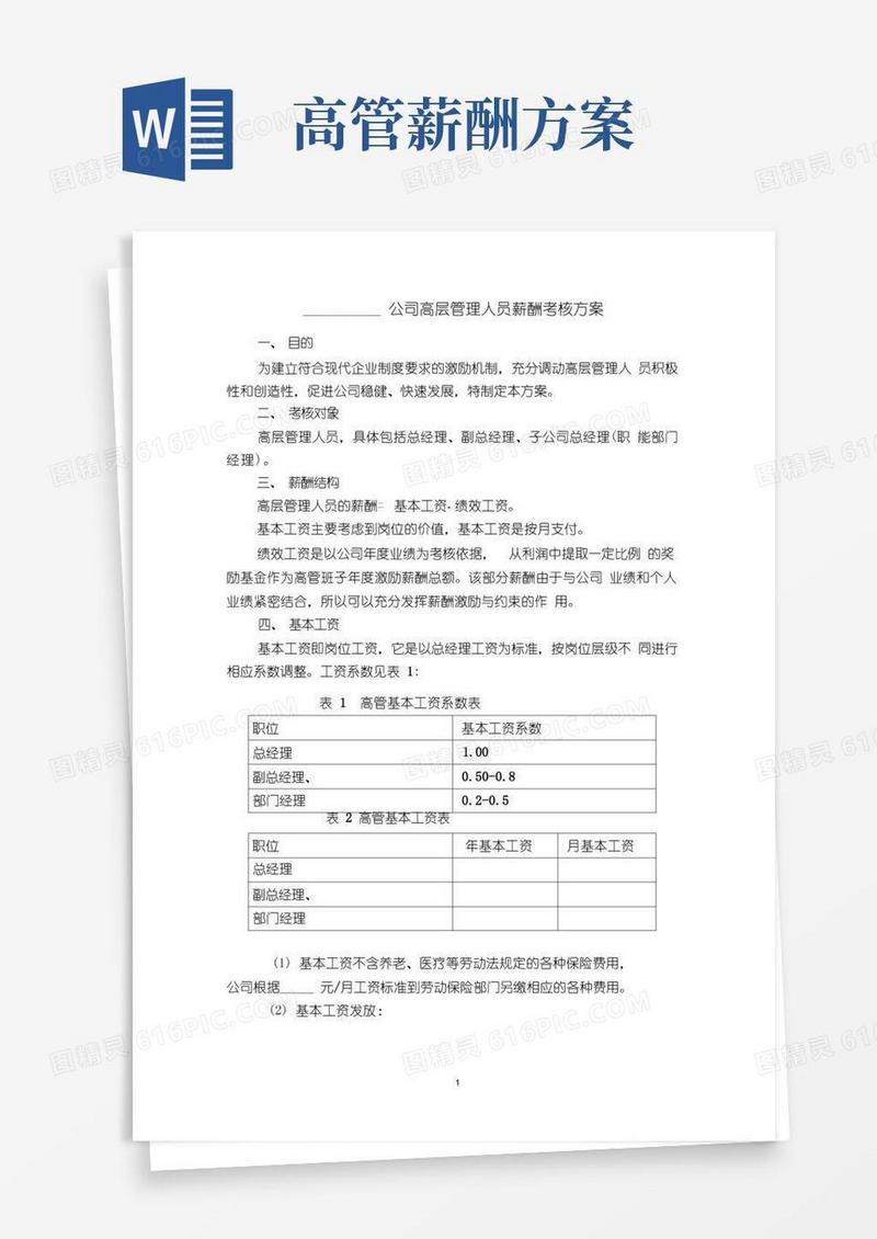 通用版(完整版)高管人员薪酬方案