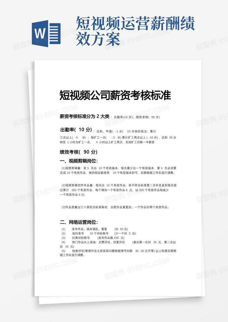 实用的短视频公司薪资绩效制度