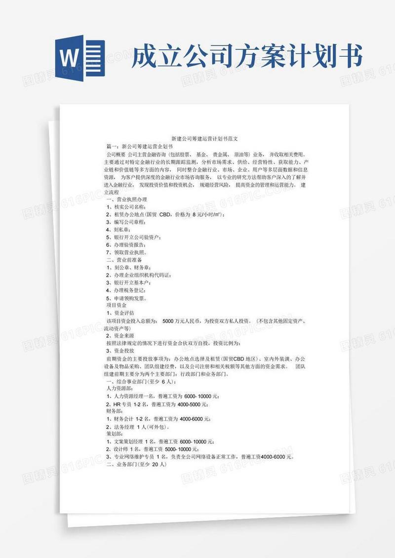 好用的新建公司筹建运营计划书范文