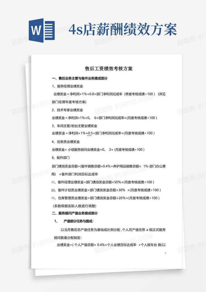 实用的汽车4S店售后服务部工资提成与绩效考核方案