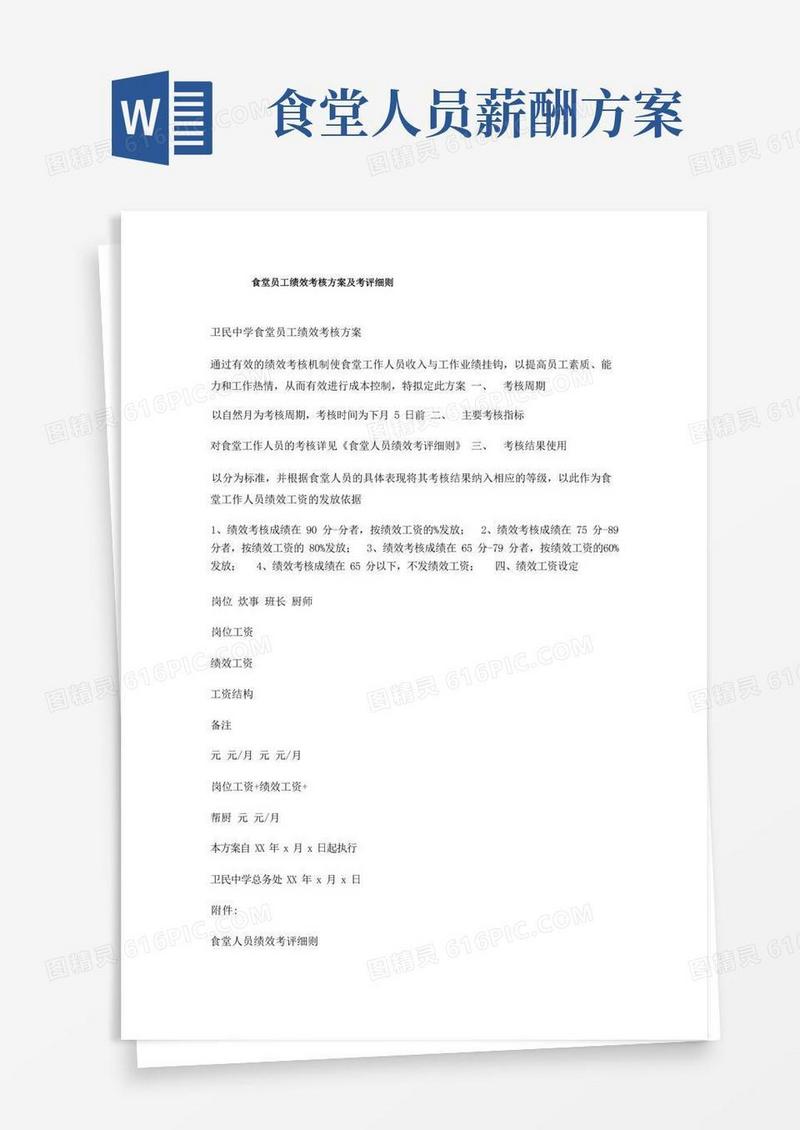 通用版食堂员工绩效考核方案及考评细则
