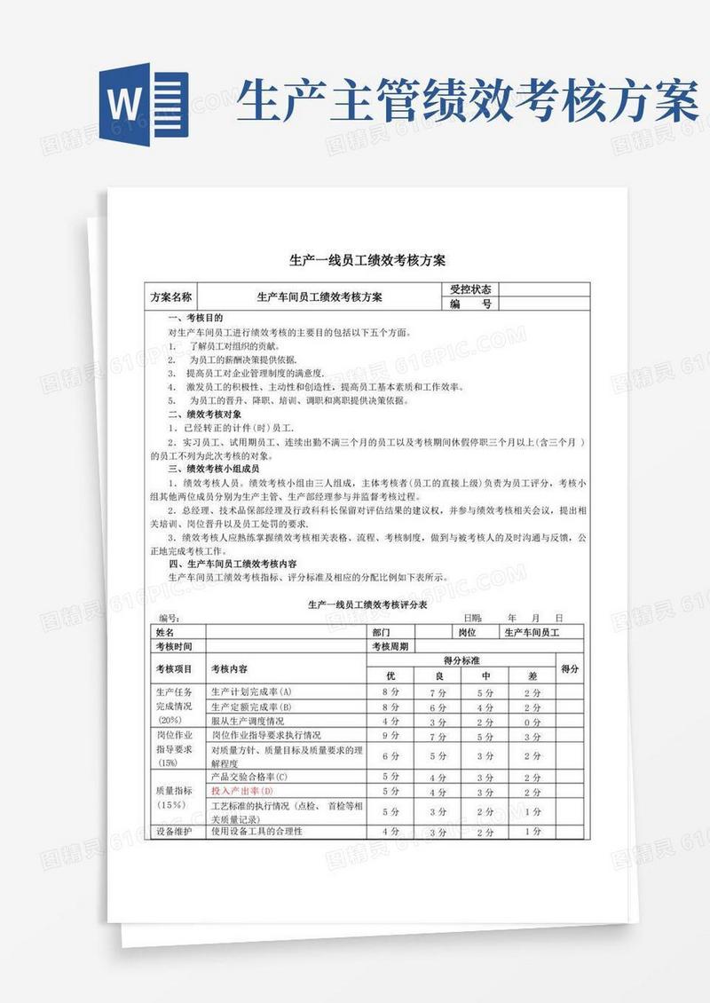 通用版生产车间工人绩效考核方案