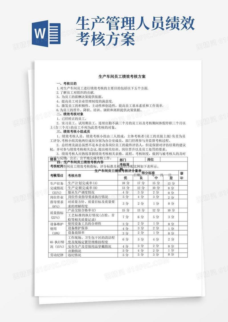 实用的生产车间工人绩效考核方案(附表)