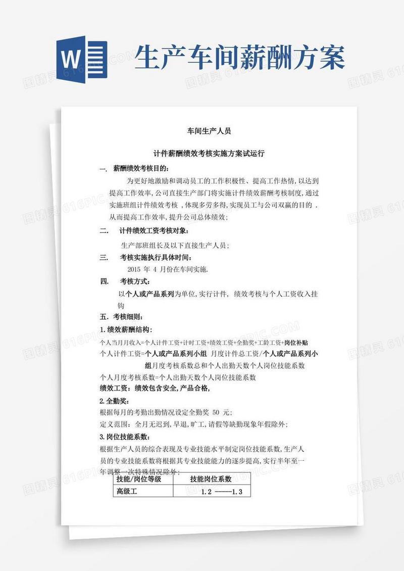 简洁的制造生产部计件薪资方案