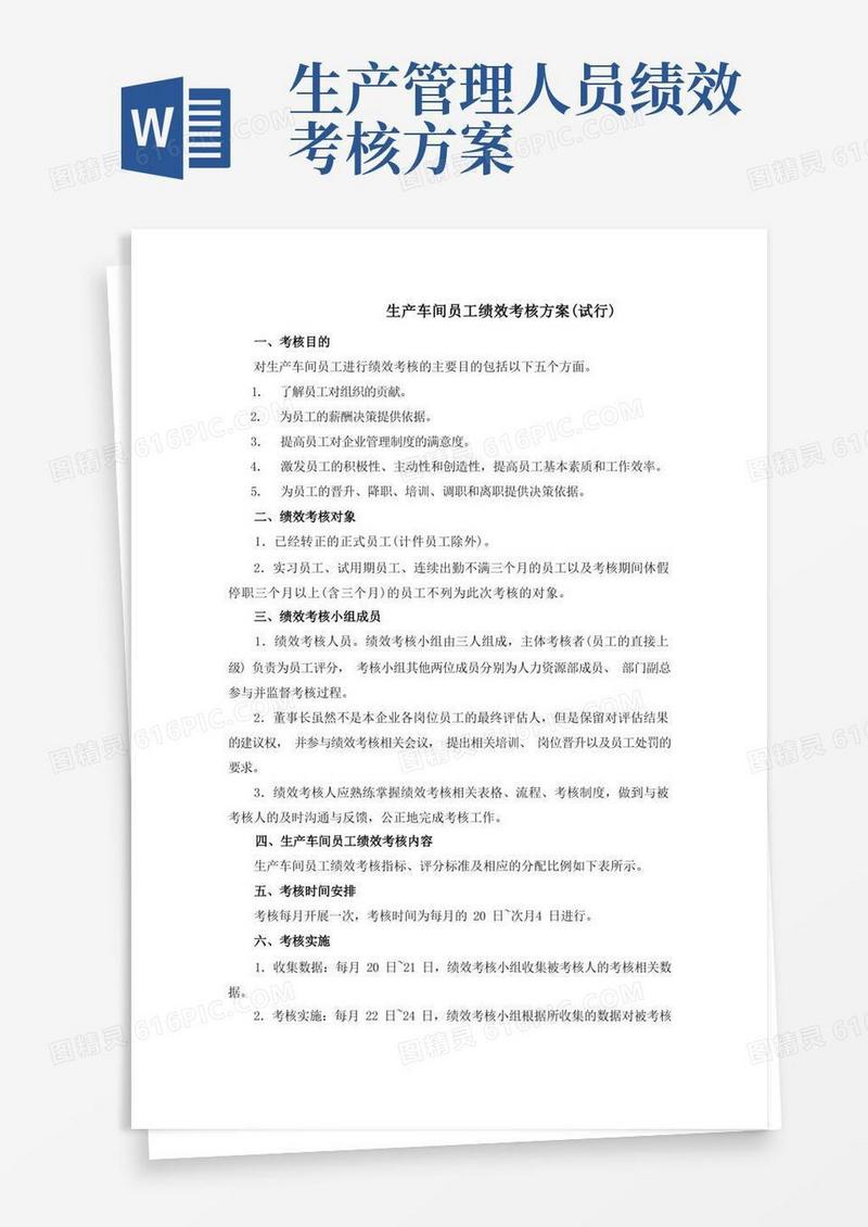 大气版生产车间工人绩效考核方案
