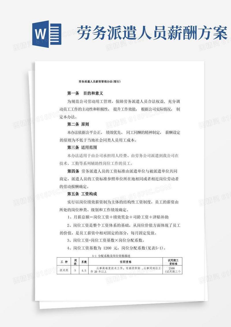 简洁的劳务派遣人员薪资管理办法