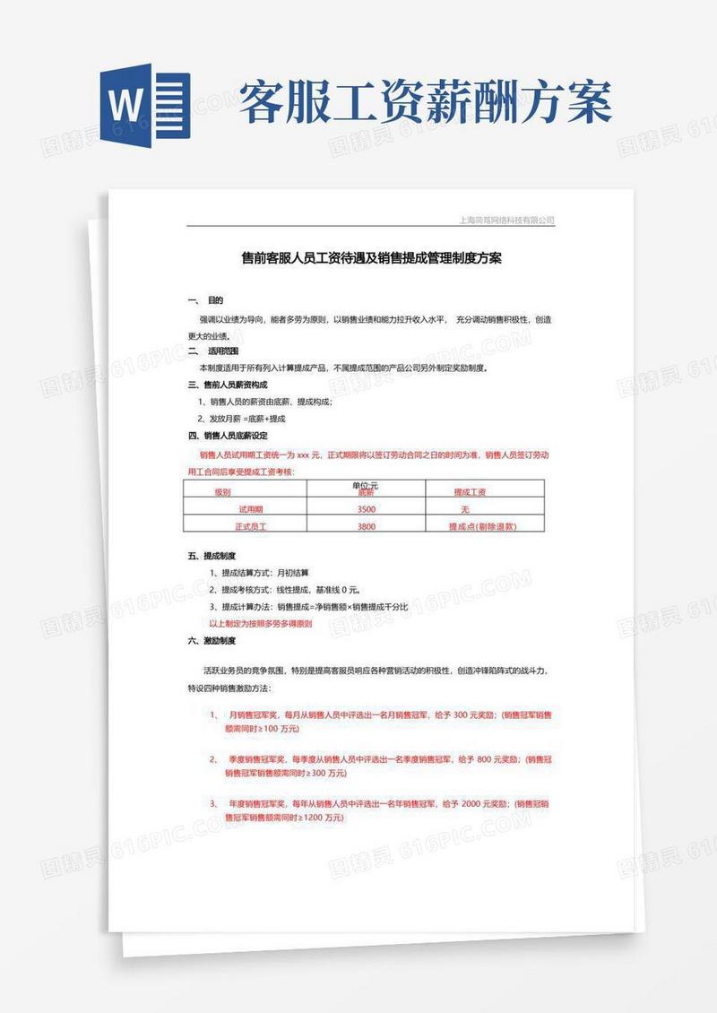 通用版售前客服人员工资待遇及销售提成管理制度方案