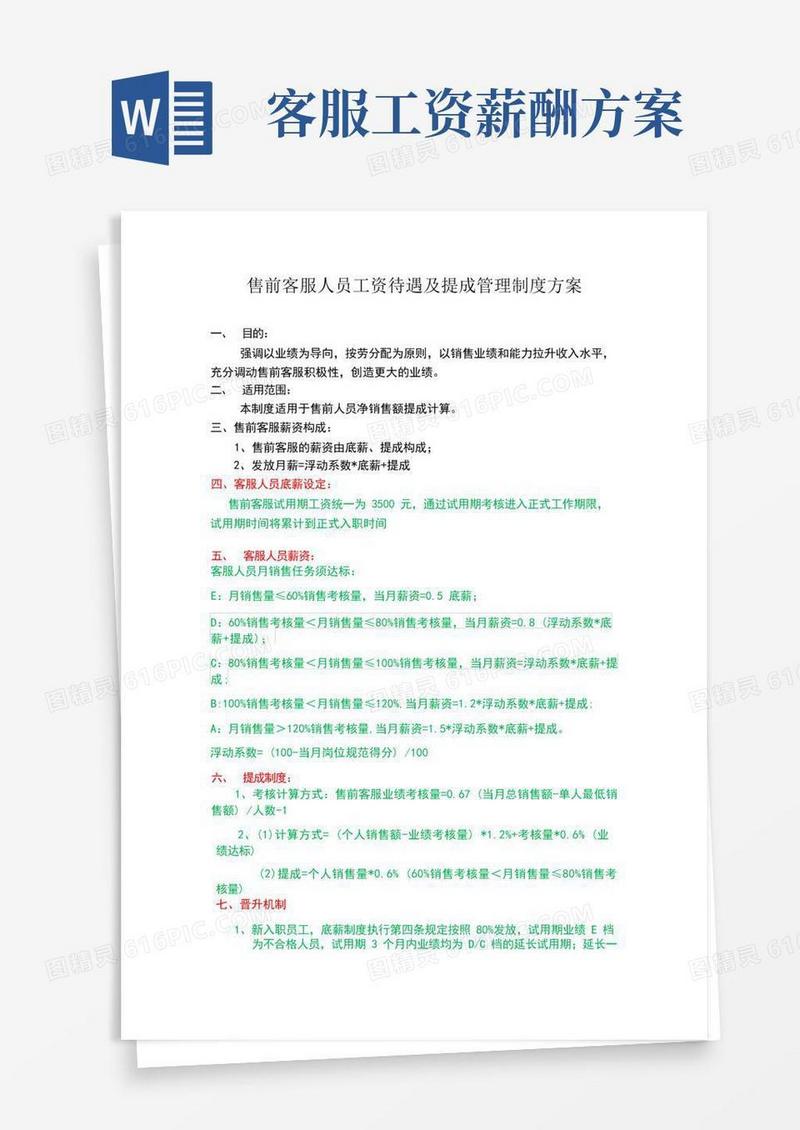 大气版客服人员薪资待遇及提成管理制度方案(草案)