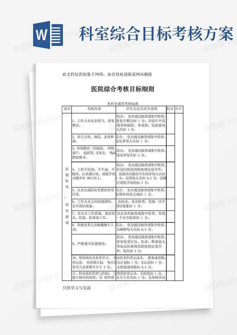简易版医院综合考核目标细则教学文稿