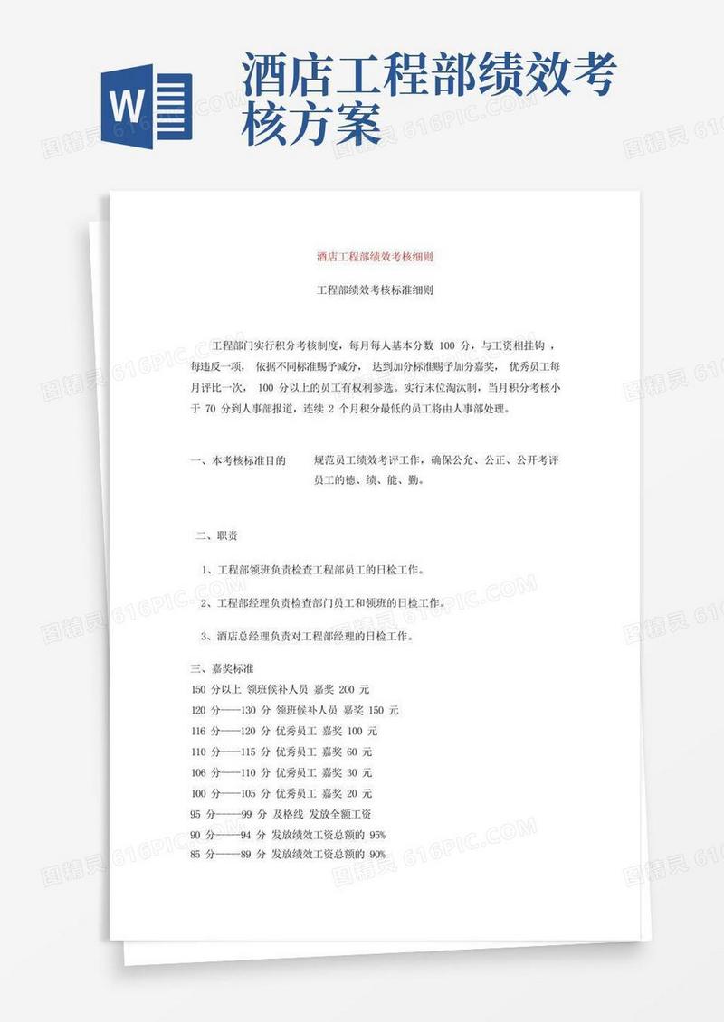 实用的酒店工程部绩效考核细则