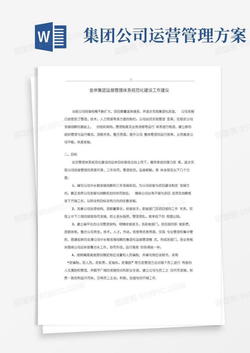 实用的集团公司的运营管理方案计划目标体系建设建议