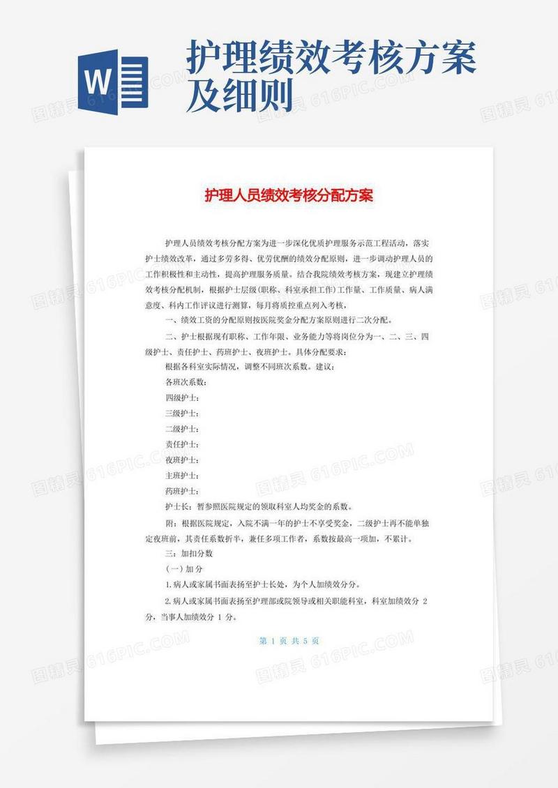 通用版护理人员绩效考核分配方案