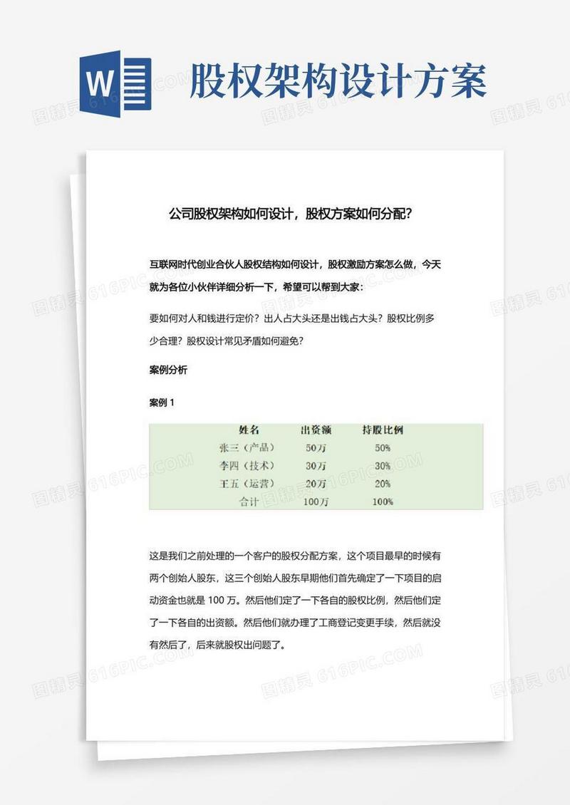 大气版公司股权架构如何设计,股权方案如何分配？