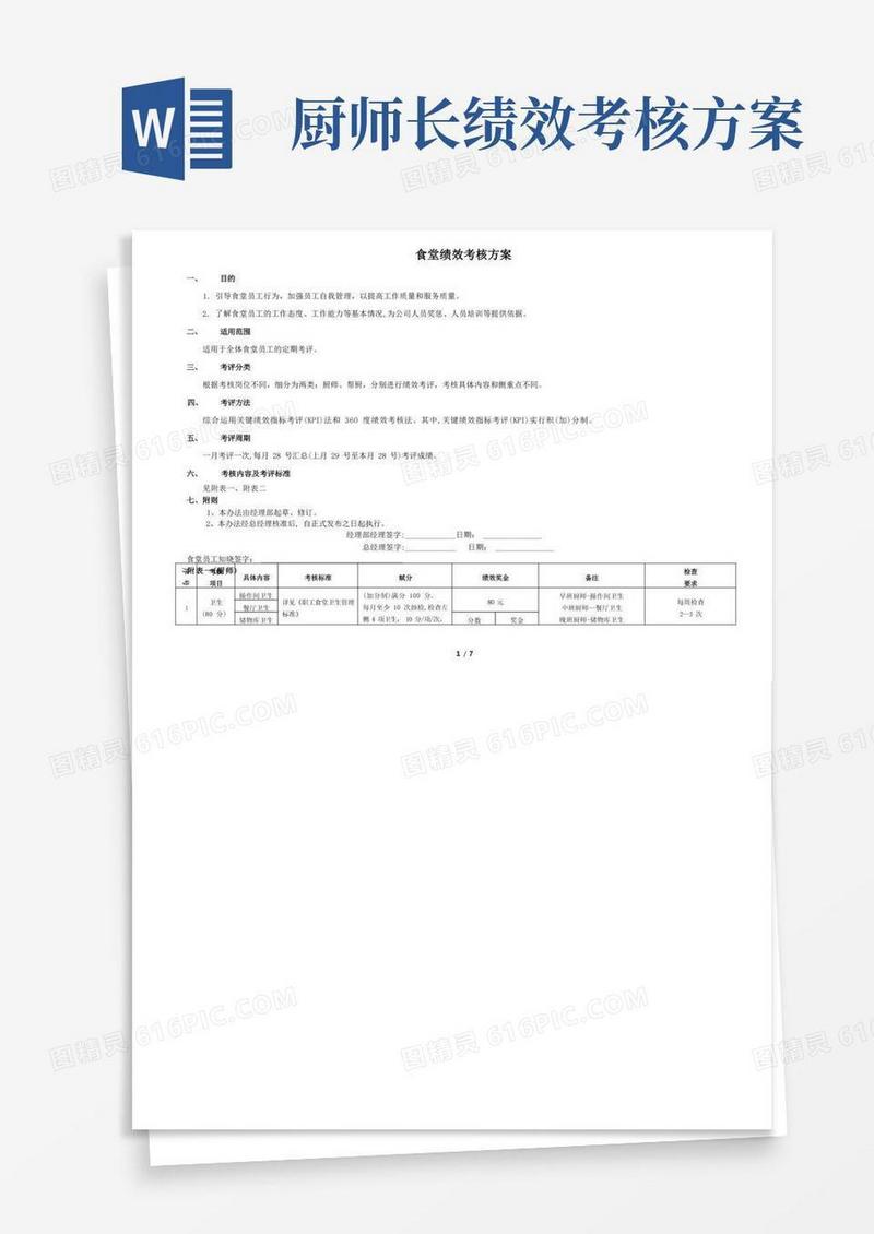 好用的食堂从业人员绩效考核方案