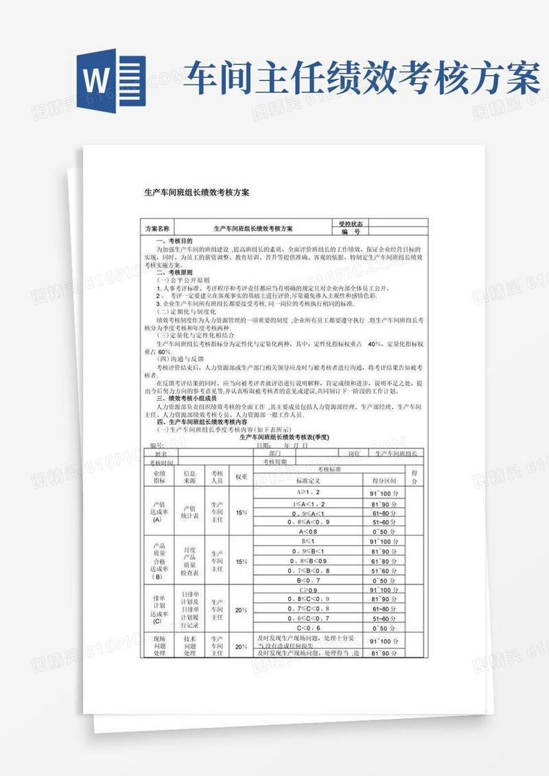 好用的生产车间班组长绩效考核方案