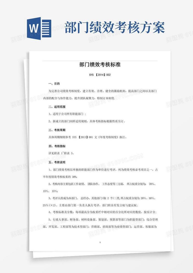 实用的部门绩效考核方案(范本模板)