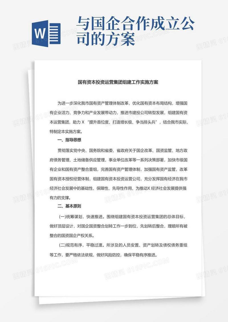 工作方案：国有资本投资运营集团组建工作实施方案