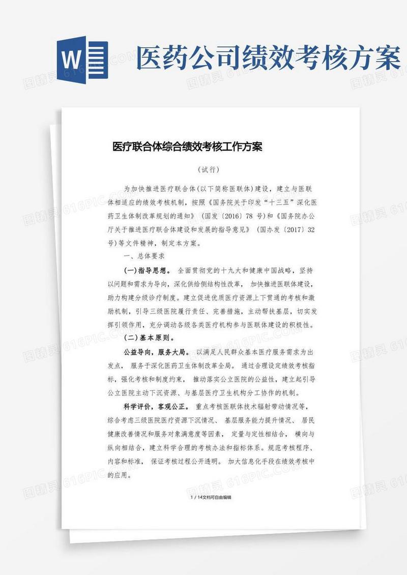 医疗联合体综合绩效考核工作方案
