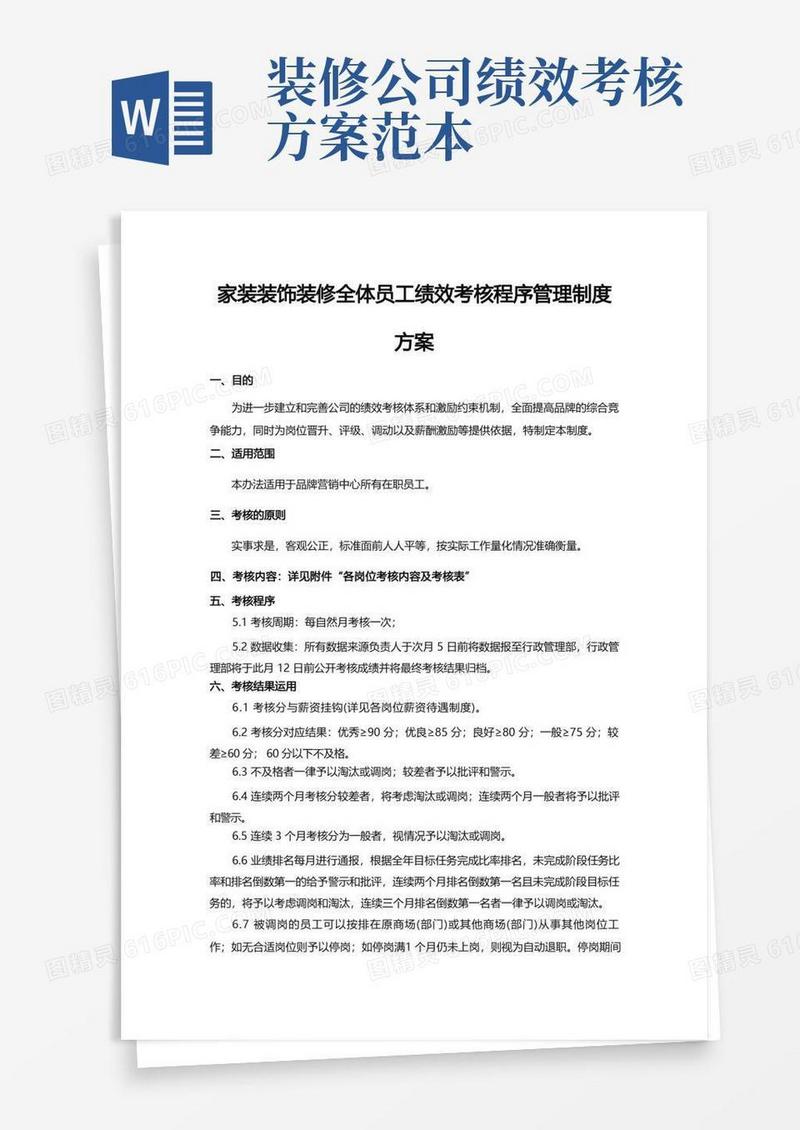 家装装饰装修全体员工绩效考核程序管理制度方案