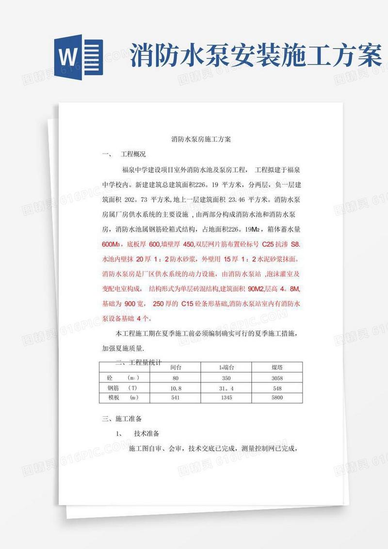 消防水泵房施工方案【整理精品范本】