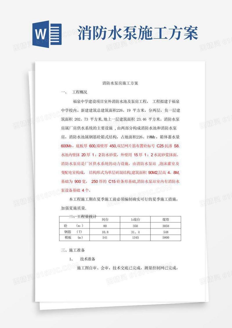 消防水泵房施工方案【整理精品范本】