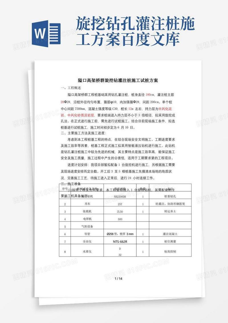 旋挖钻孔灌注桩施工试桩方案