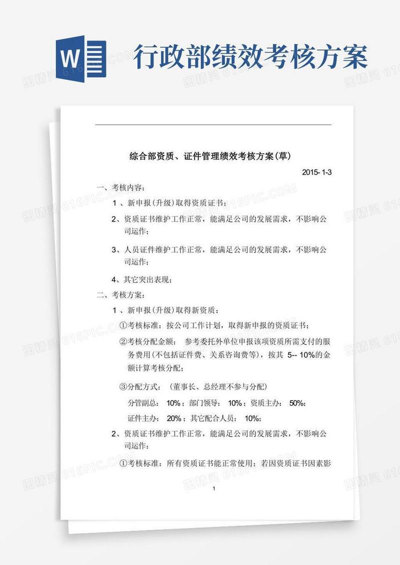 综合部资质管理绩效考核方案