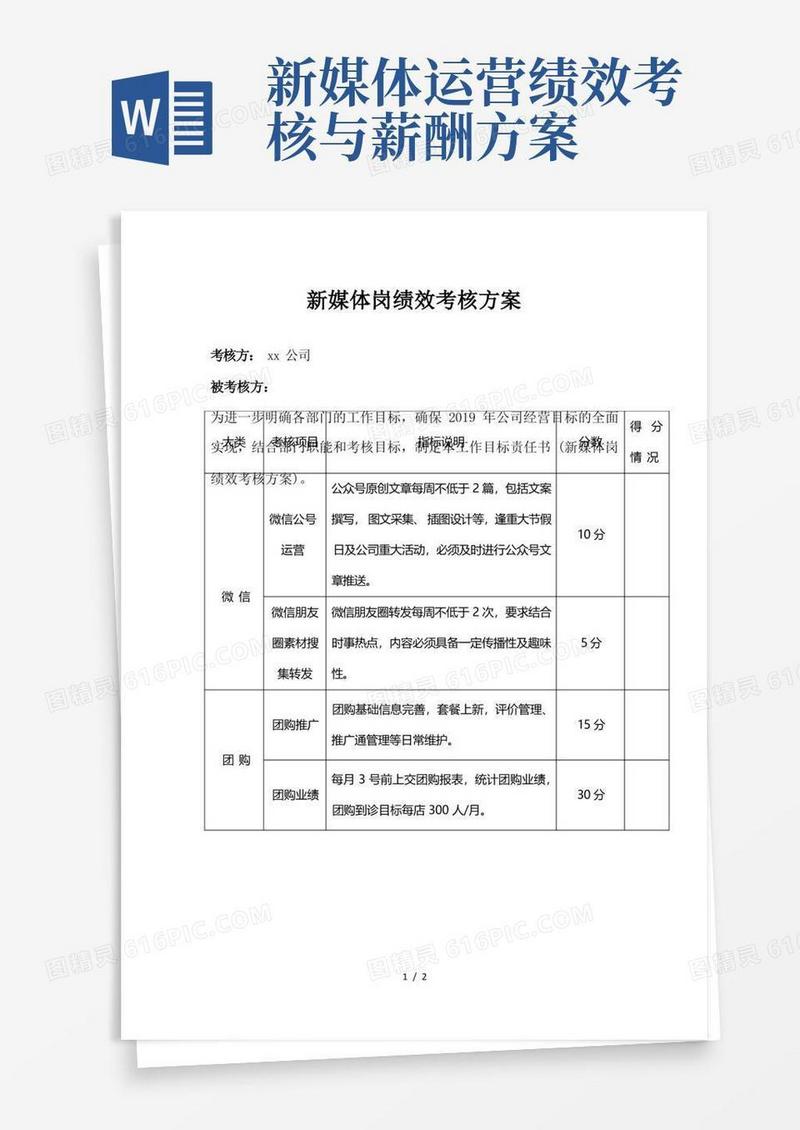 新媒体岗绩效考核方案