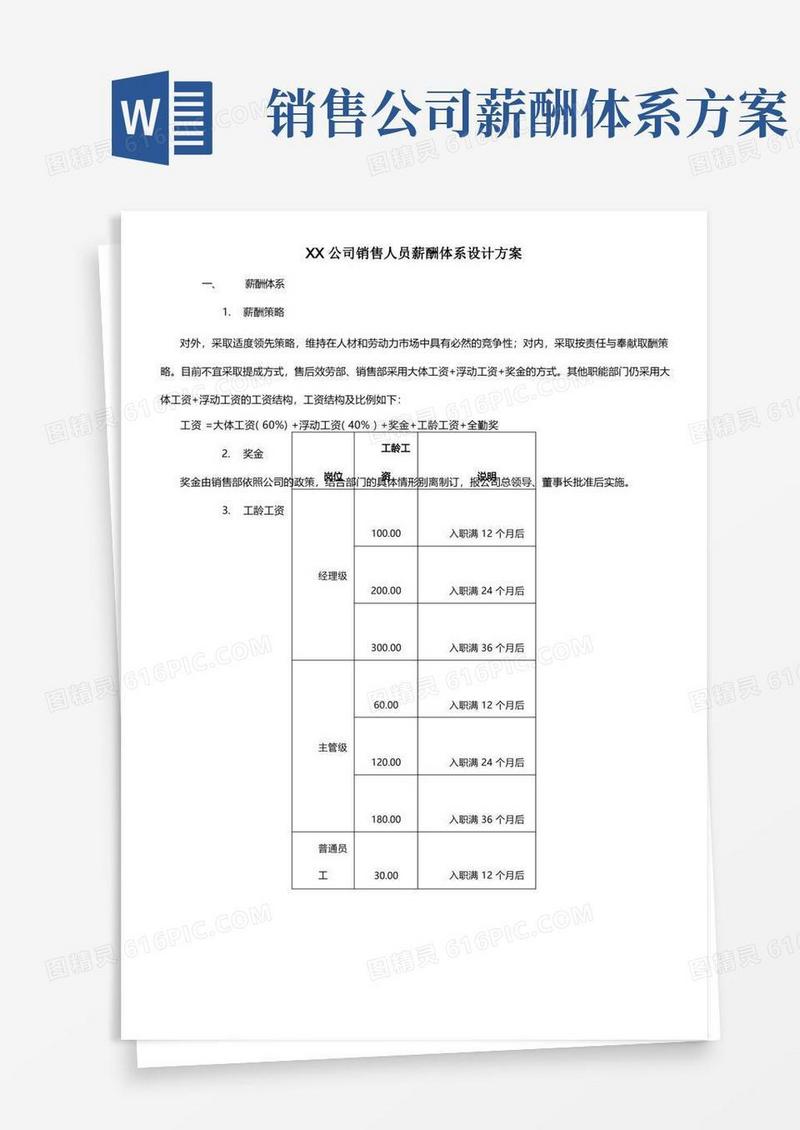 Xx公司销售人员薪酬体系设计方案
