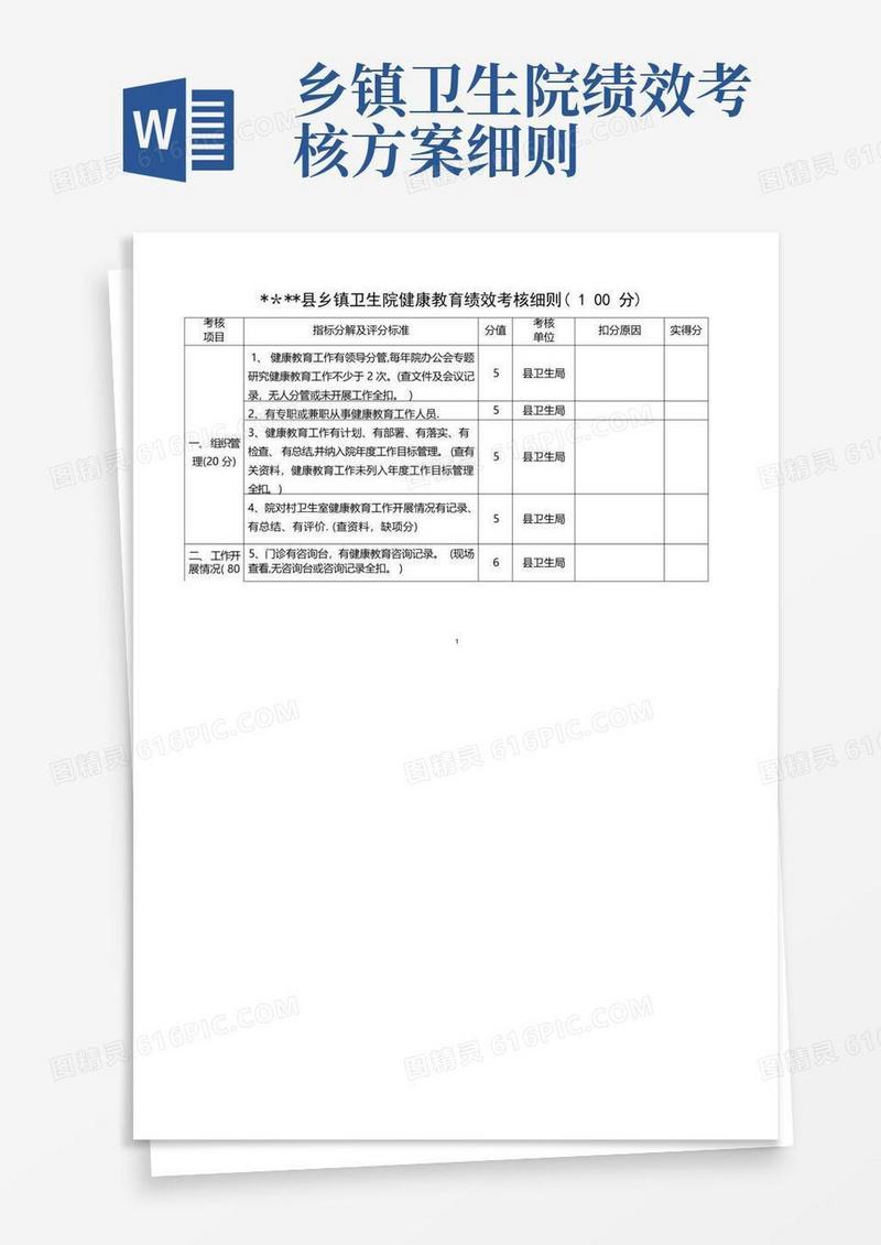 某县乡镇卫生院健康教育绩效考核细则