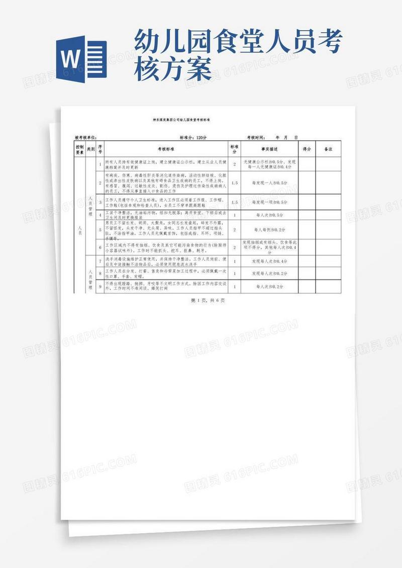 幼儿园食堂考核标准及评分办法