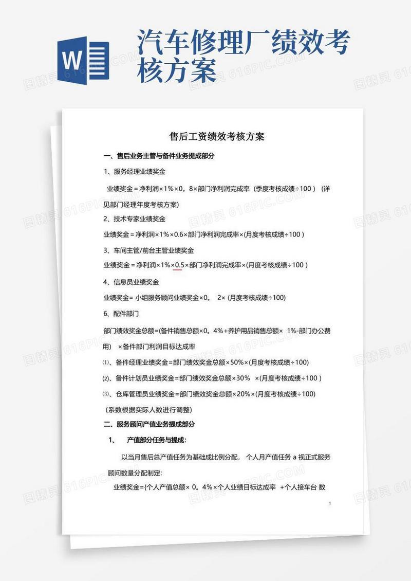 汽车4S店售后服务部工资提成与绩效考核方案