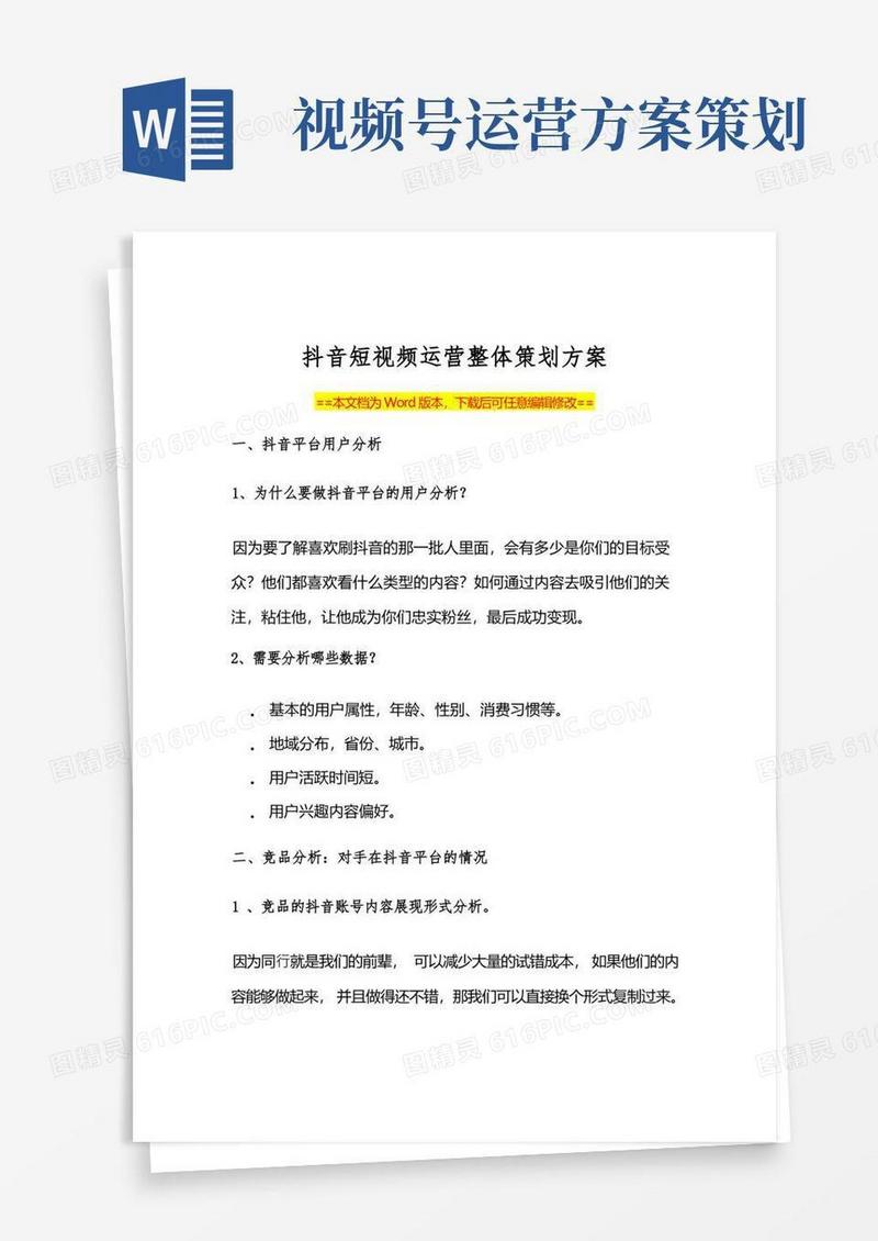 抖音短视频运营策划方案范本(Word可编辑版)