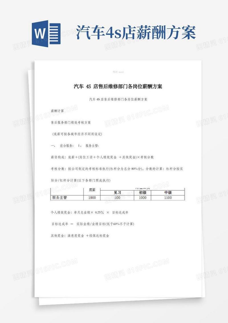 汽车4S店售后维修部门各岗位薪酬方案