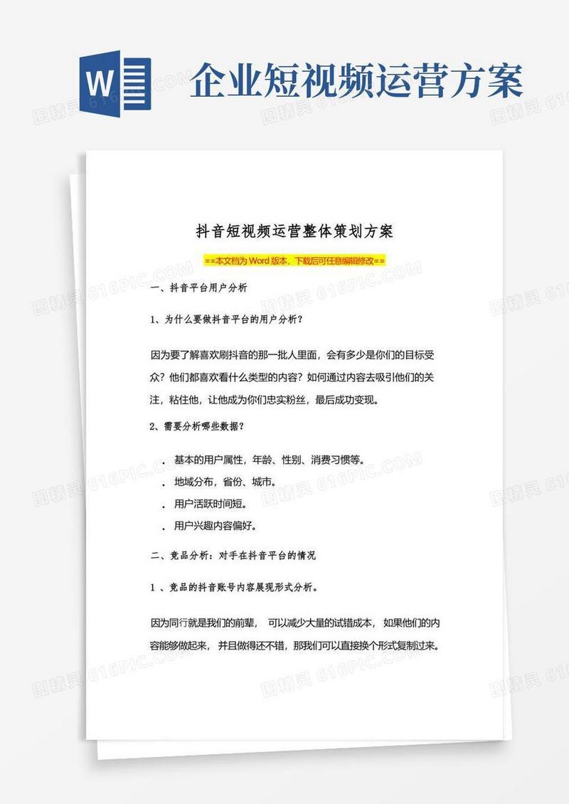 抖音短视频运营策划方案范本(Word可编辑版)