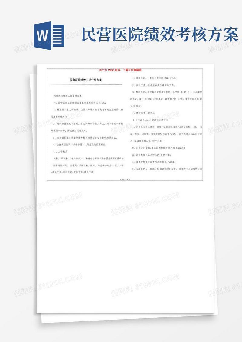 民营医院绩效工资分配方案