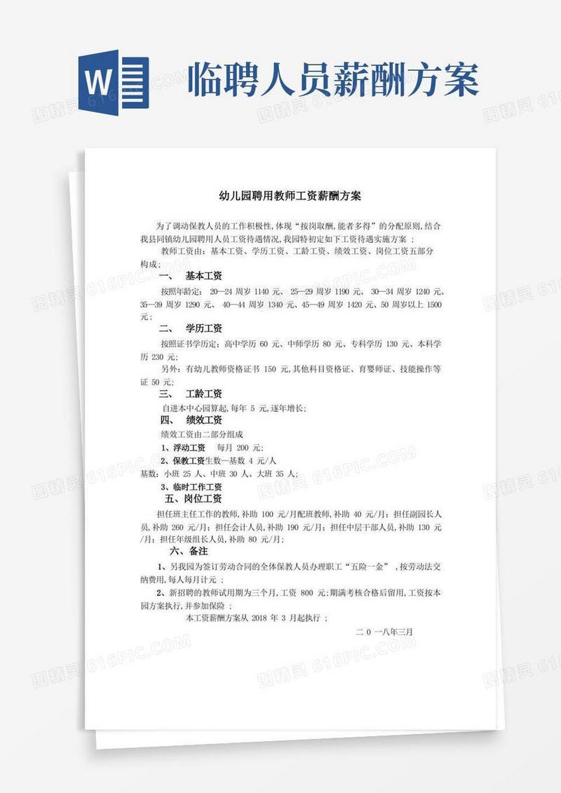 幼儿园聘用教师工资薪酬方案