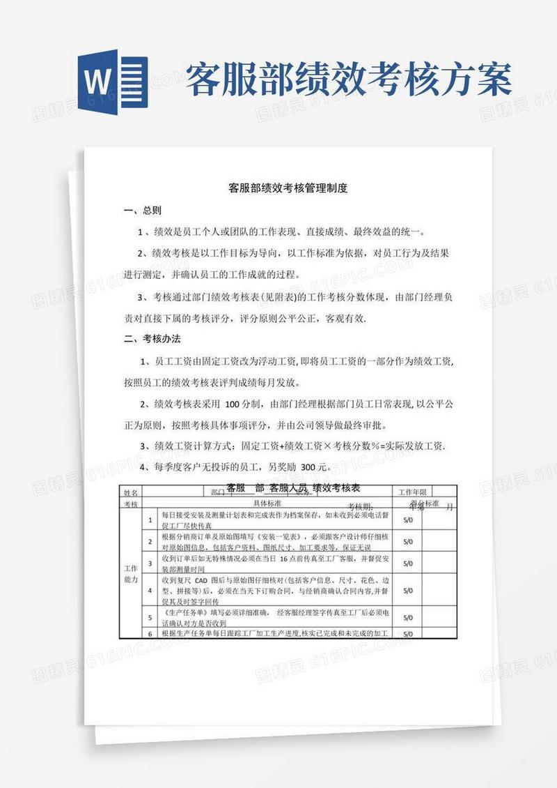 客服部绩效考核制度