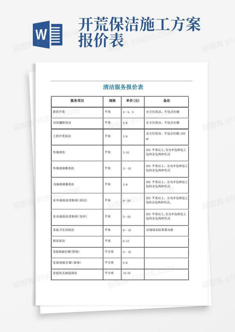 保洁服务项目报价表