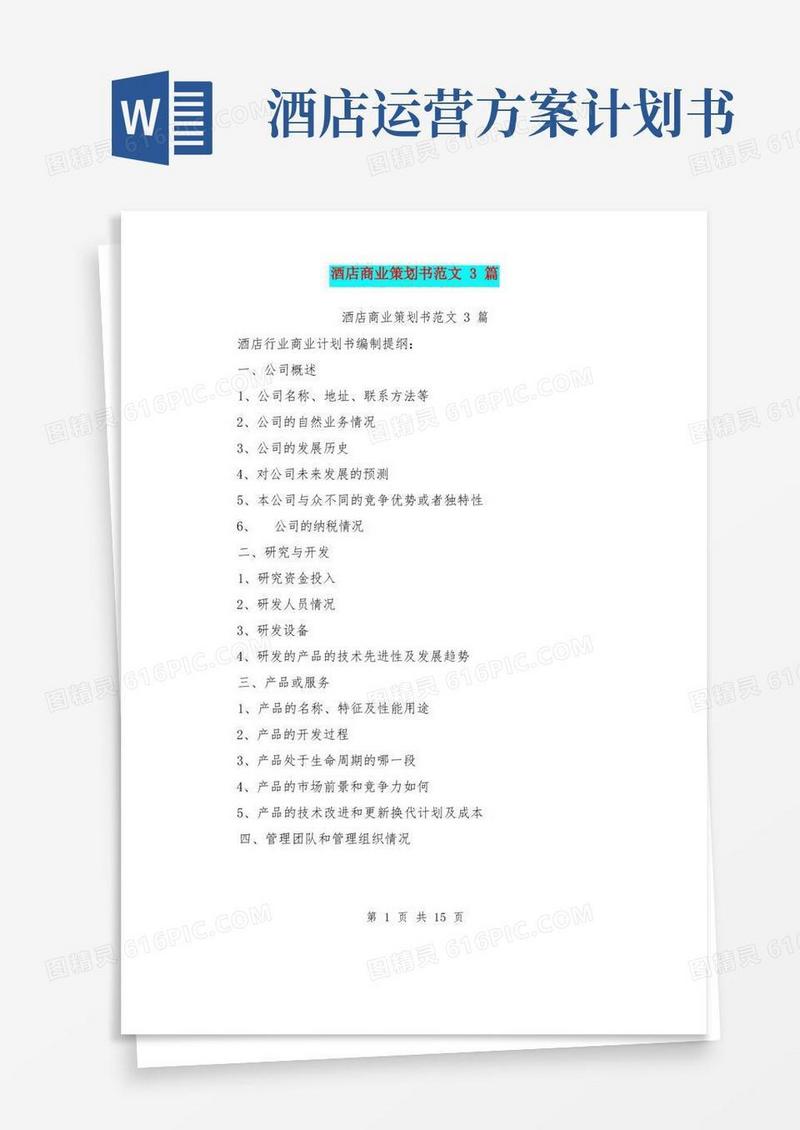 酒店商业策划书范文3篇(完整版)