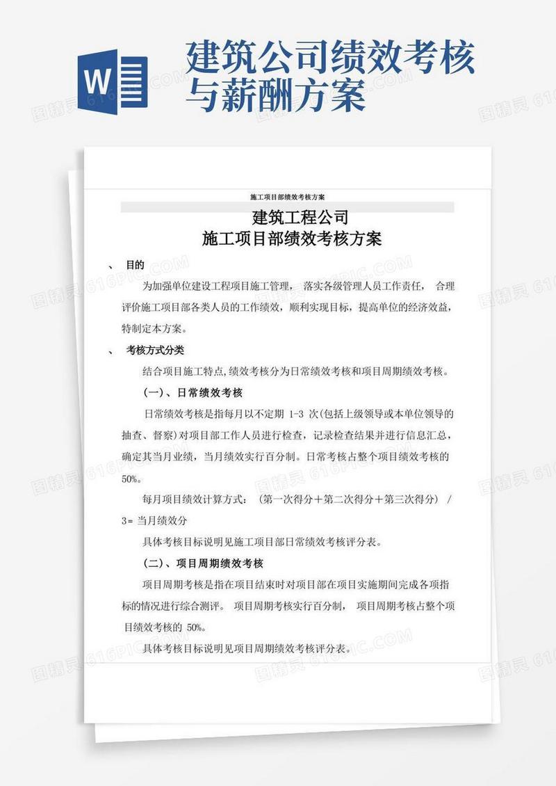 建筑工程公司施工项目部绩效考核方案