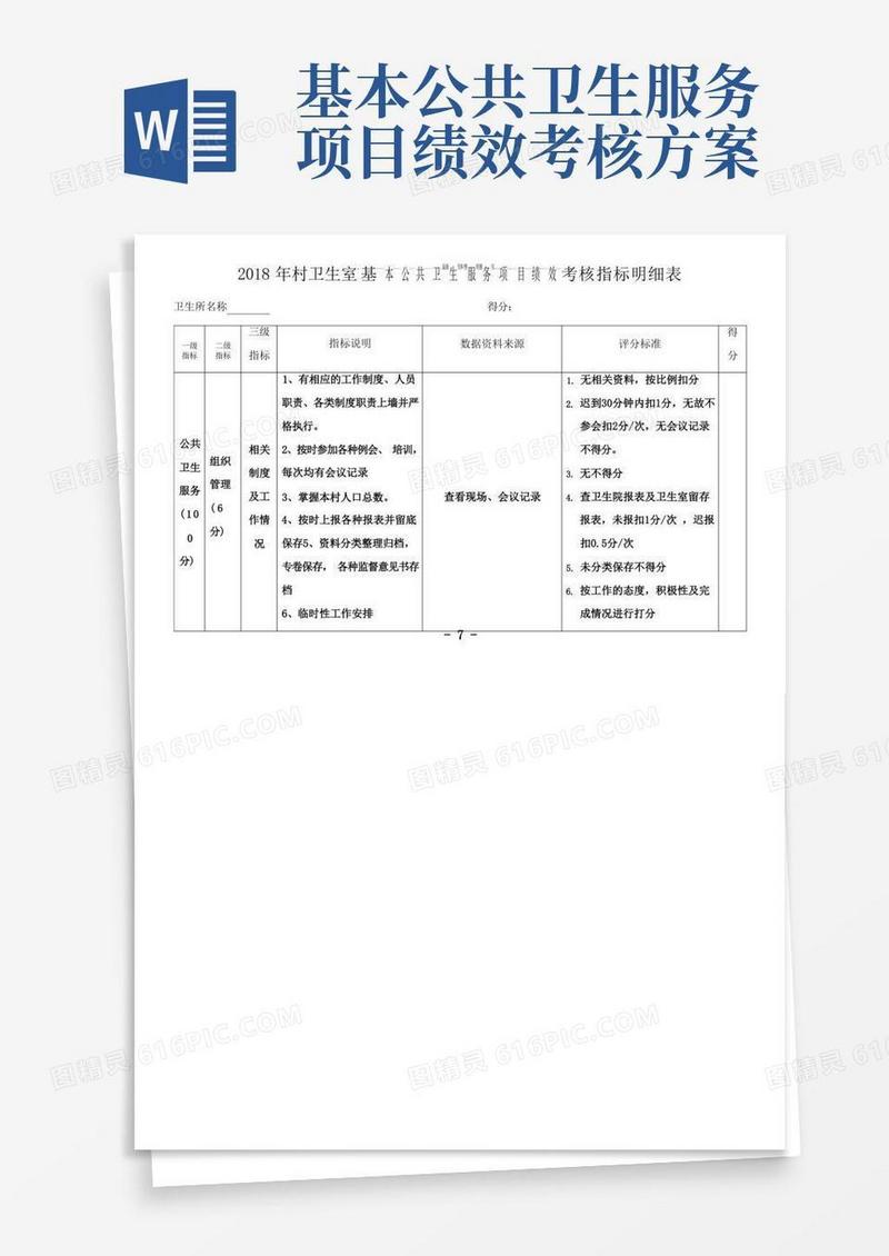 村卫生室基本公共卫生服务项目绩效考核细则