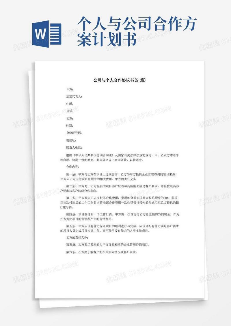 公司与个人合作协议书(5篇)