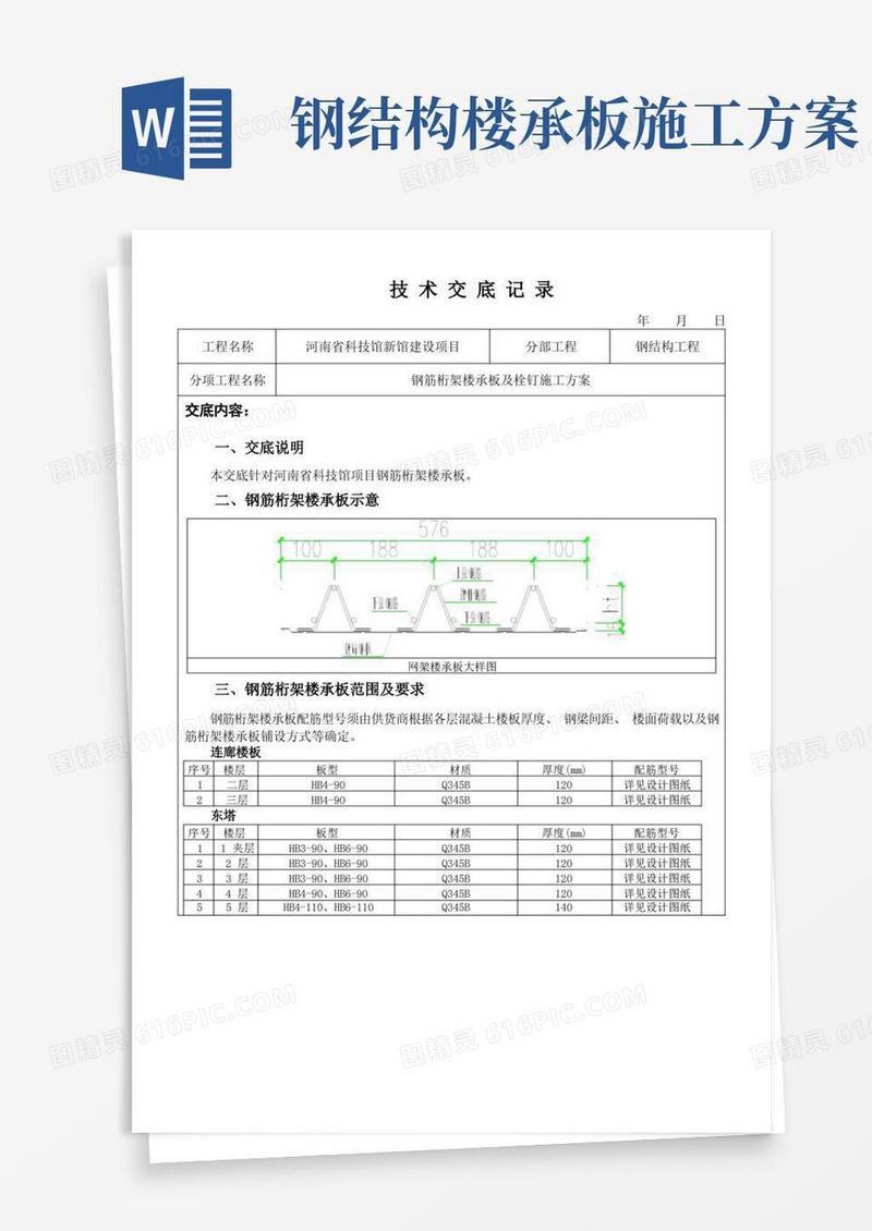 钢结构钢筋桁架楼承板及栓钉施工方案