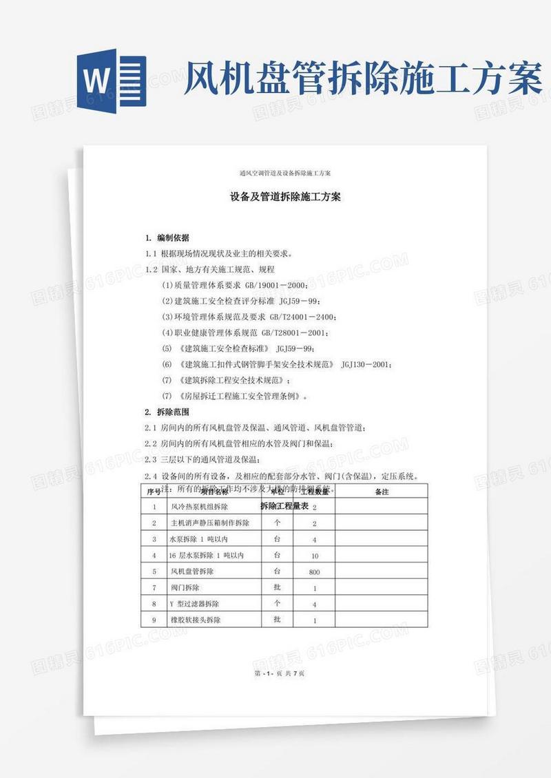 通风空调管道及设备拆除施工方案