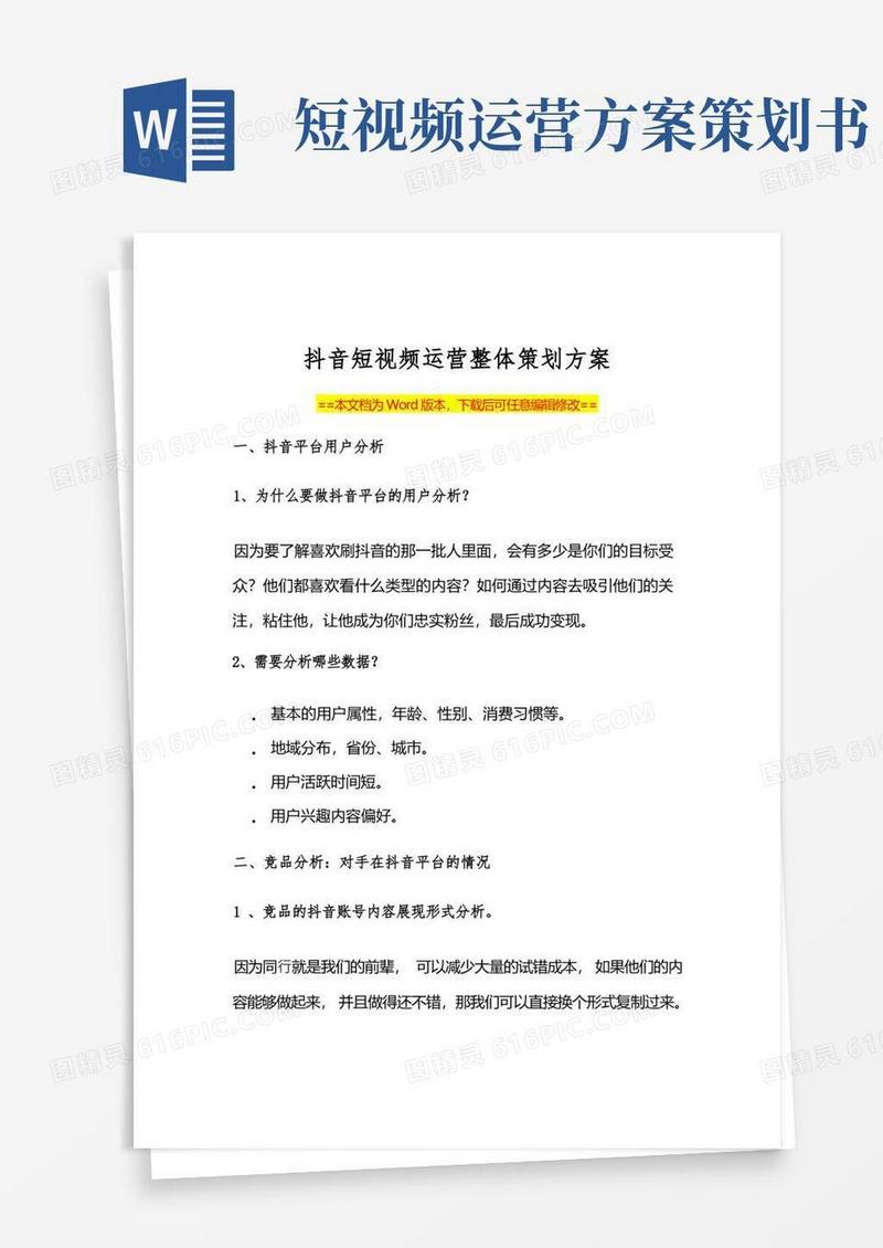 抖音短视频运营策划方案范本(Word可编辑版)