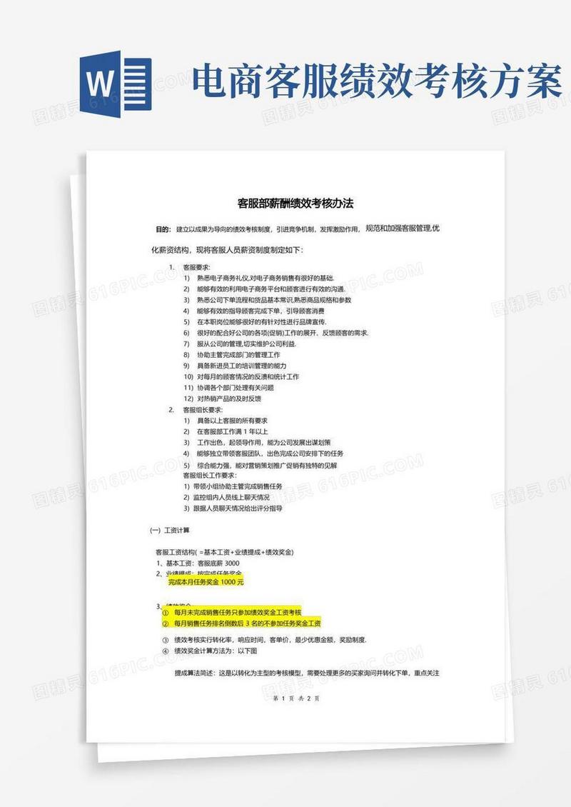 电商淘宝客服部薪酬绩效考核