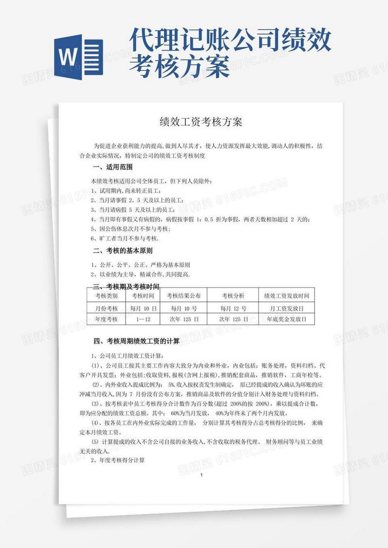代理记账公司绩效工资考核方案【范本模板】