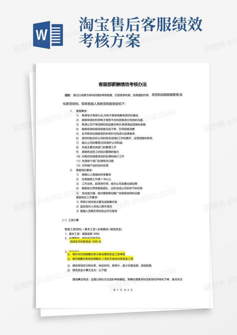 电商淘宝客服部薪酬绩效考核